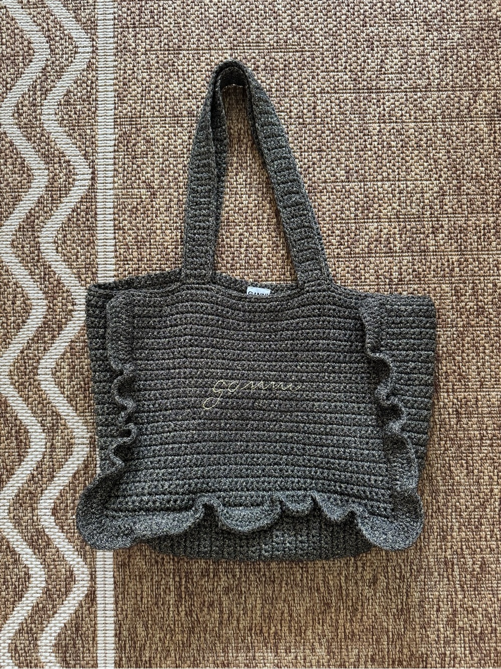 GANNI Metallic Crotchet Ruffle Tote Bag in Black/Gold